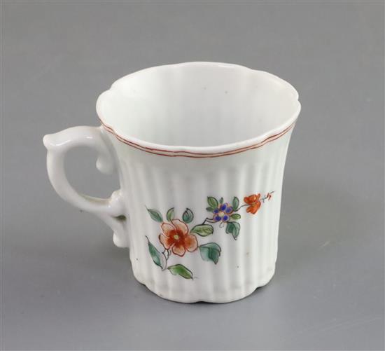 An early Worcester polychrome reeded heptafoil coffee cup, c.1754, h. 5.2cm